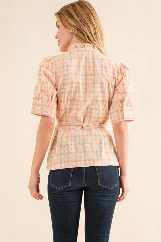 Salmon And The Why Plaid Patterned And Ruffled Wrap Blouse Top