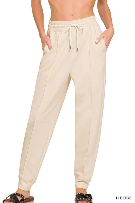H Beige Zenana Drawstring Scuba Sweatpants With Pockets