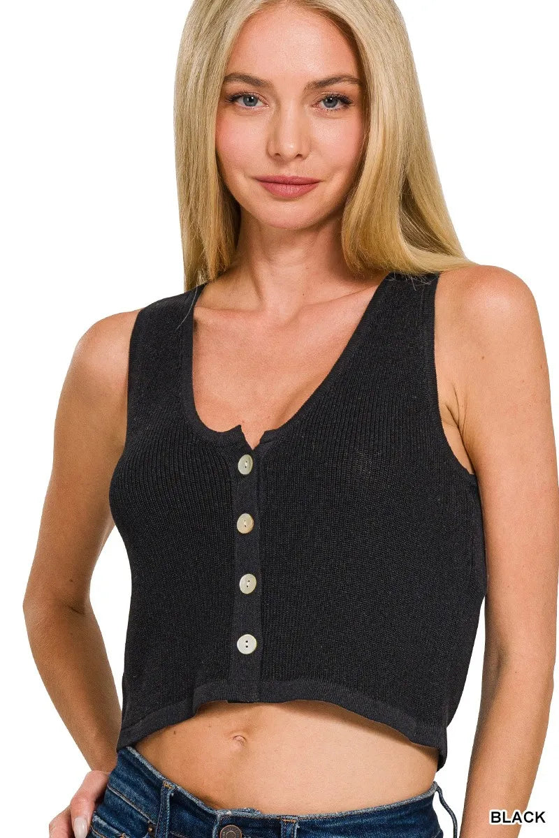 Black Zenana Button Up Cropped Sweater Vest