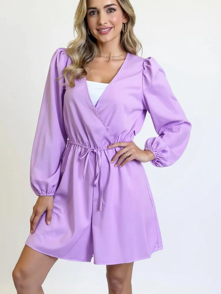 Lavender Double Take Full Size Drawstring Long Sleeve Romper