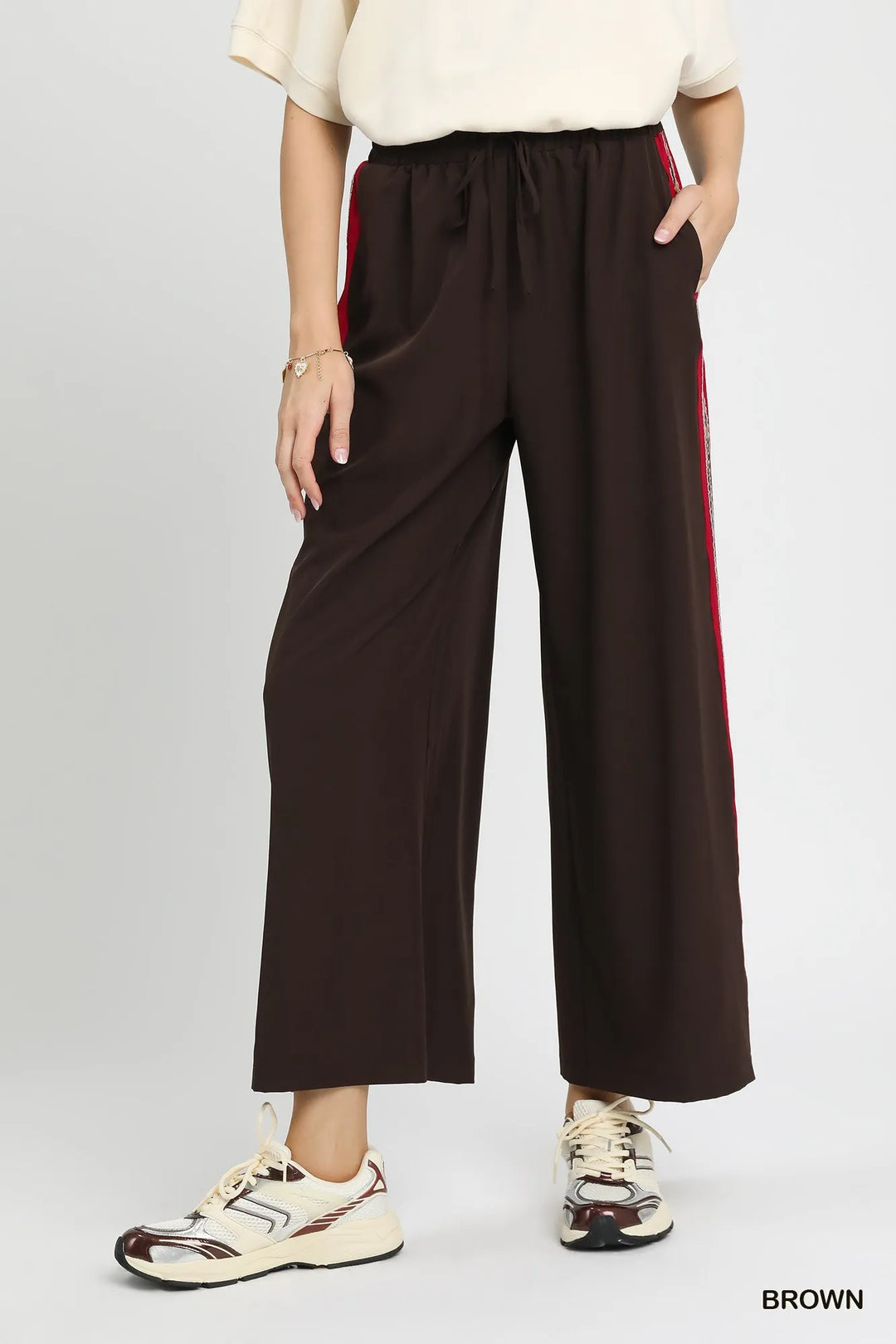 Brown Umgee Wide Leg Pants With Contrast Side Trim