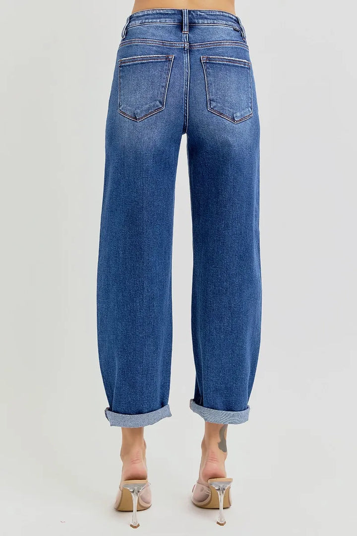 Dark Risen Full Size High Rise Crop Mild Barrel Jeans Plus Size
