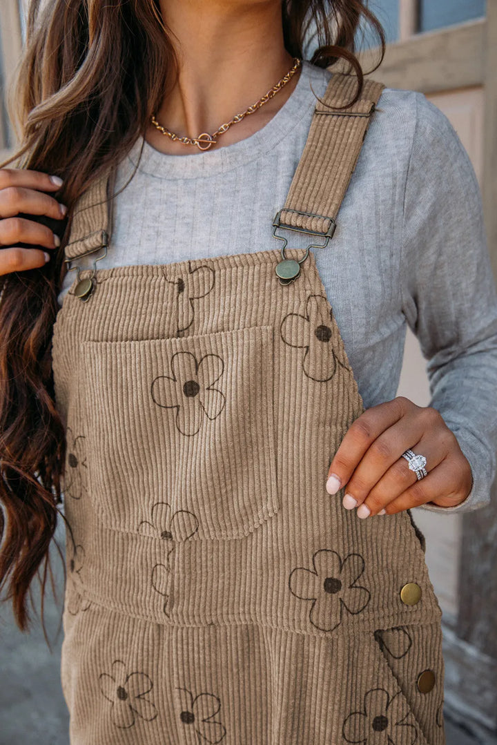Khaki Flower Wide Strap Overalls With Pockets