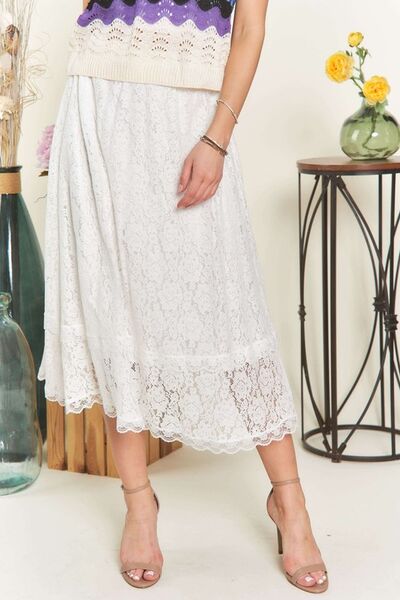 White Adora Elastic Waist Lace Midi Skirt 1