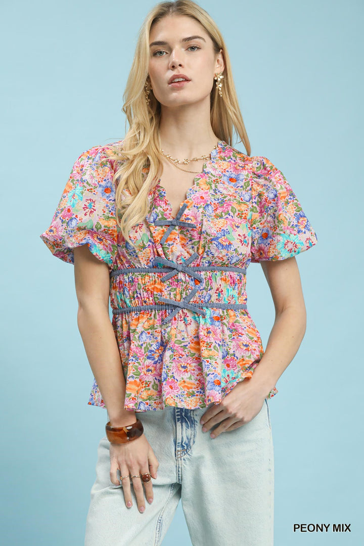 Peony Mix Umgee Mix Floral Smocked Waist Blouse