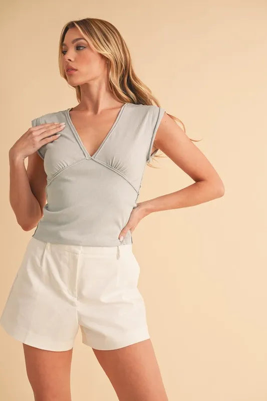 Aemi Co V Neck Cap Sleeve Cropped Top
