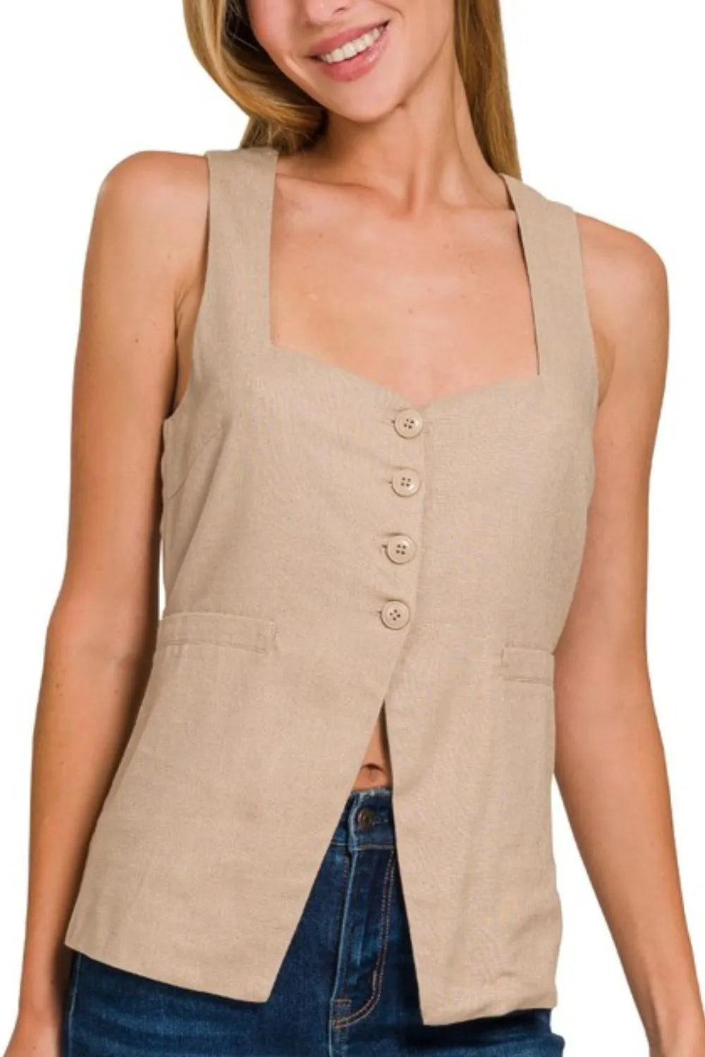 Lt Mocha Zenana Linen Tie Back 4 Button Vest With Lining 1