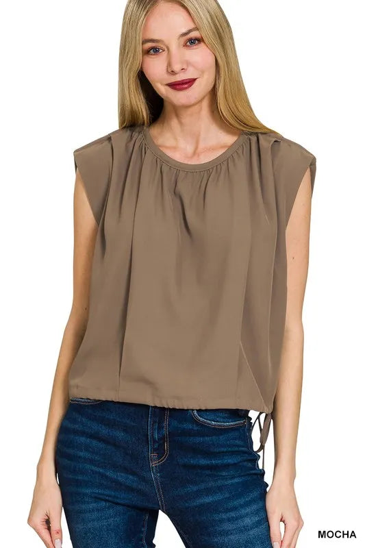 Zenana Woven Drawstring Tie Side Sleeveless Top 1
