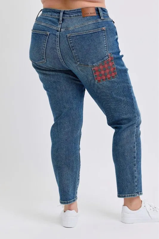 Md Judy Blue Full Size Hw Plaid Patch Slim Fit Jeans Plus Size