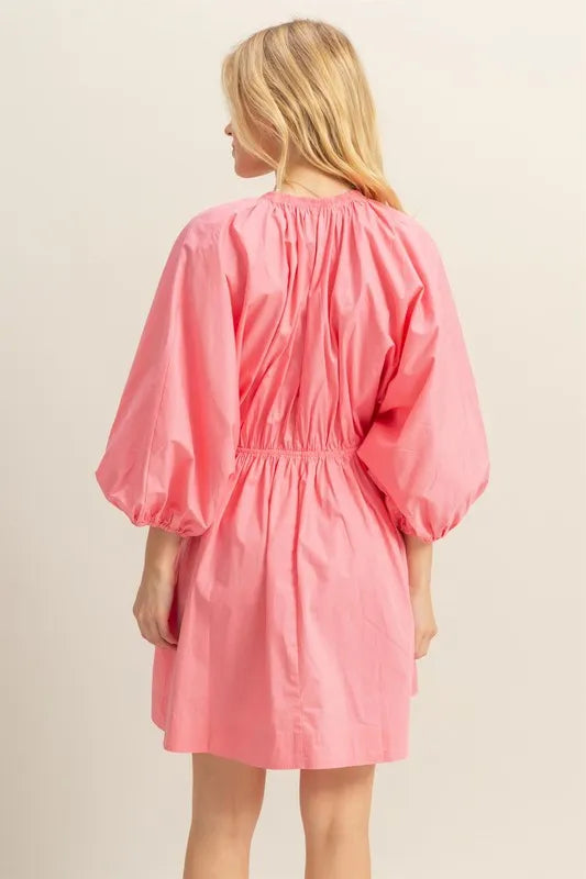 Coral Hyfve Plunge Balloon Sleeve Poplin Mini Dress With Pockets