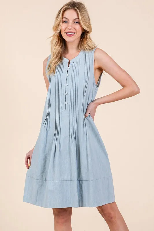 Lime N Chili Denim Pintuck Detail Sleeveless Midi Dress
