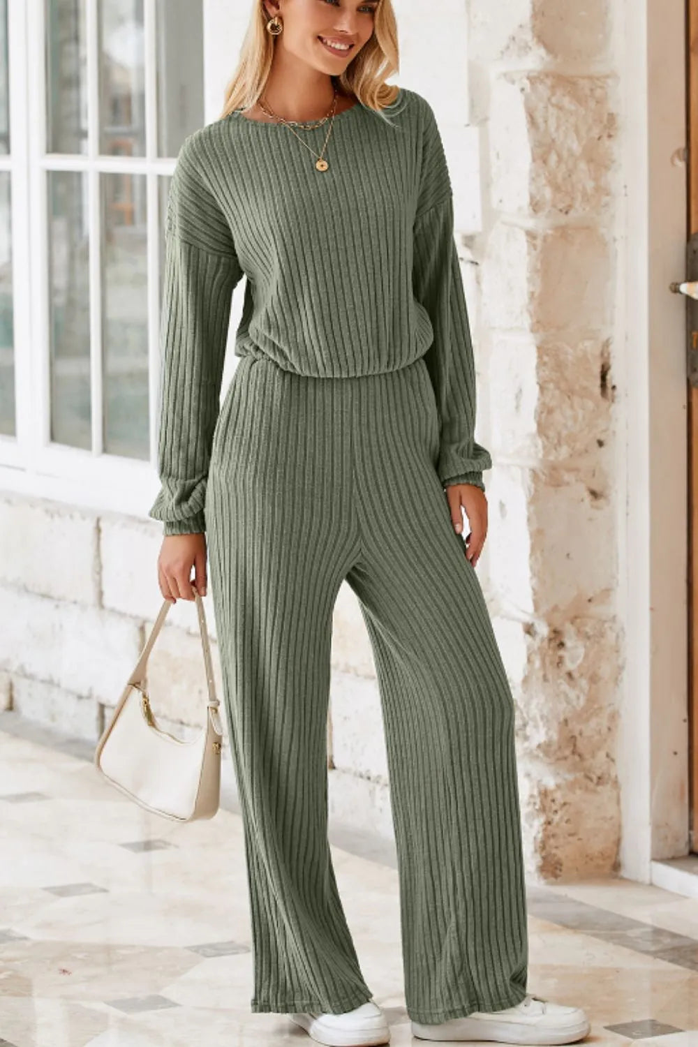 Sage Round Neck Long Sleeve Jumpsuit