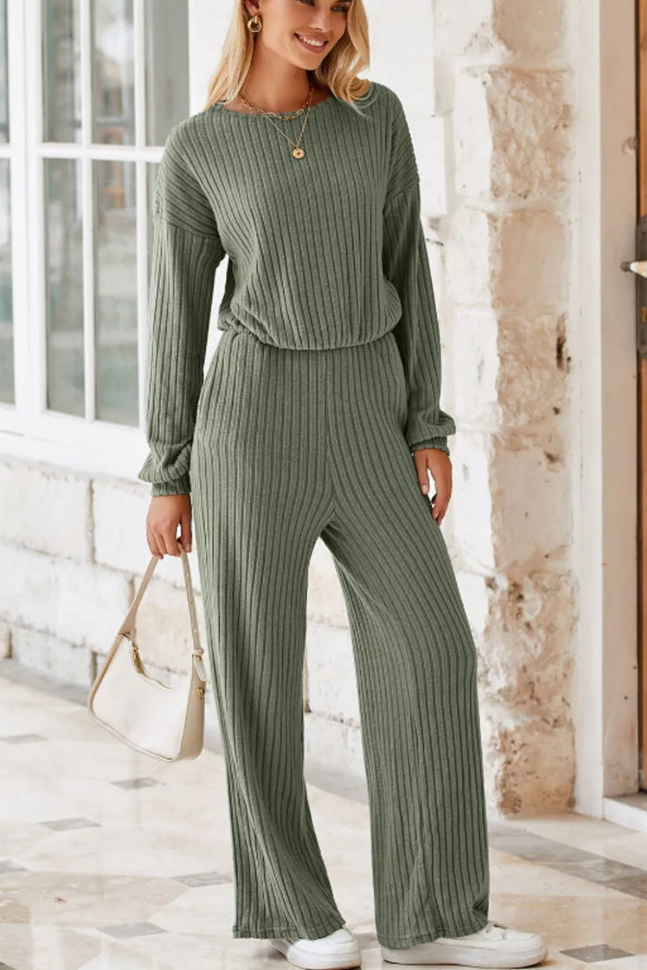 Sage Round Neck Long Sleeve Jumpsuit