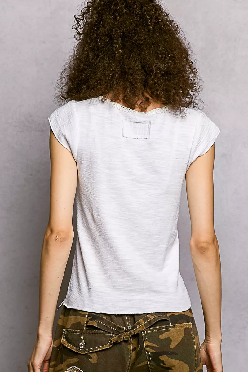 Pol V Neck Lightweight Textured Short Sleeve Knit Top With Lace Trim 3