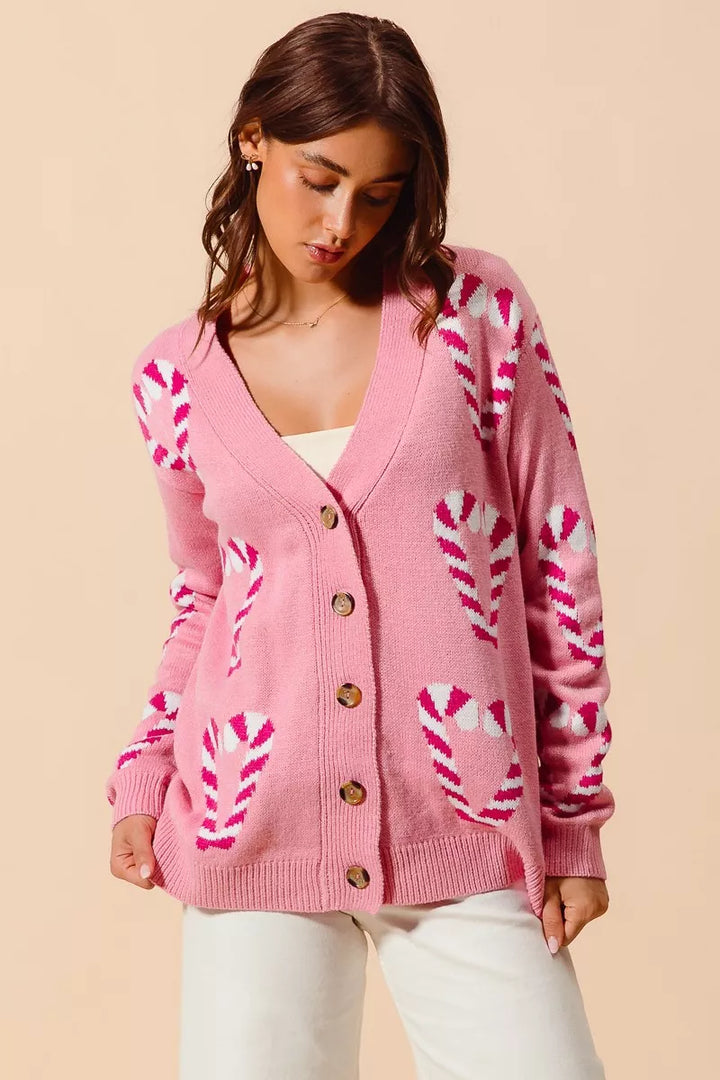 Pink So Me Christmas Candy Cane Button Front Sweater Cardigan