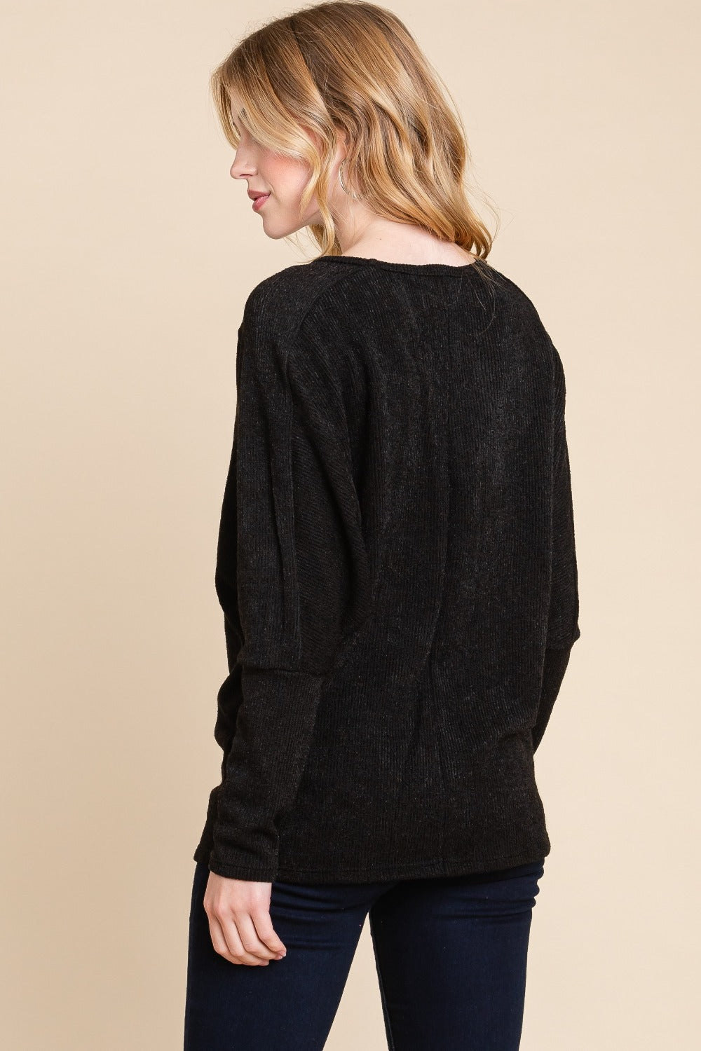 Black Bombom Drop Shoulder Long Sleeve Knit Top