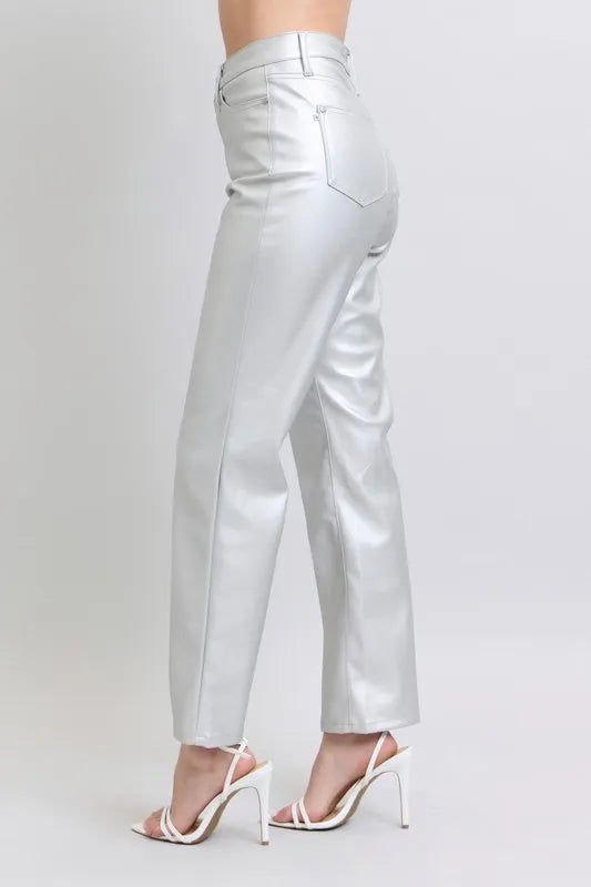 Metallic Silver Judy Blue Full Size High Waist Silver Faux Leather Pants Plus Size