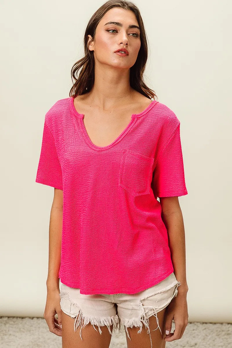 Bibi Waved Rib U Neck Top With Front Pocket
