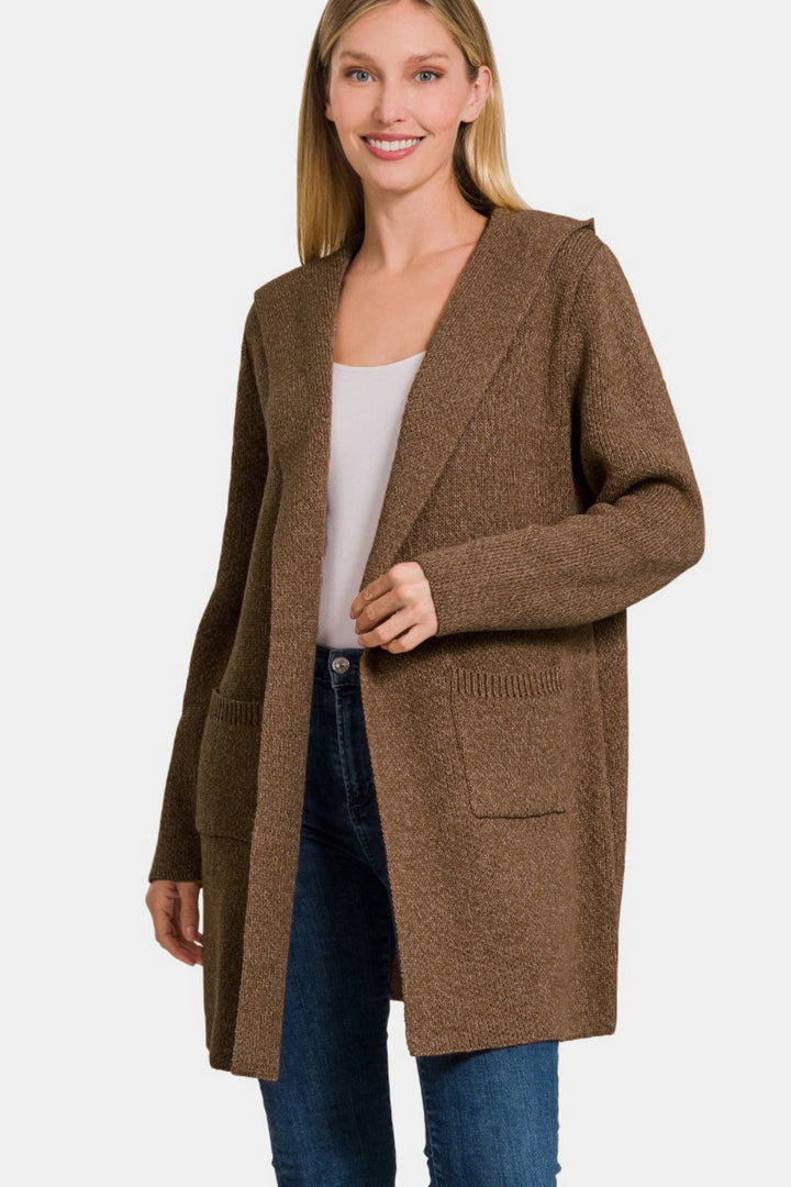 Brown Zenana Hooded Open Front Sweater Cardigan