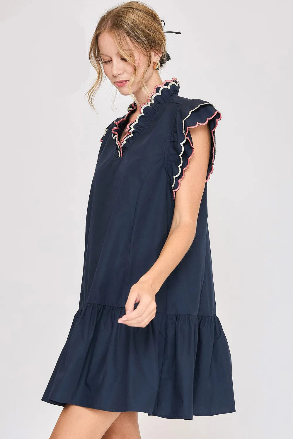 Dark Navy Umgee Full Size Ruffled Scalloped Sleeved Dress Plus Size
