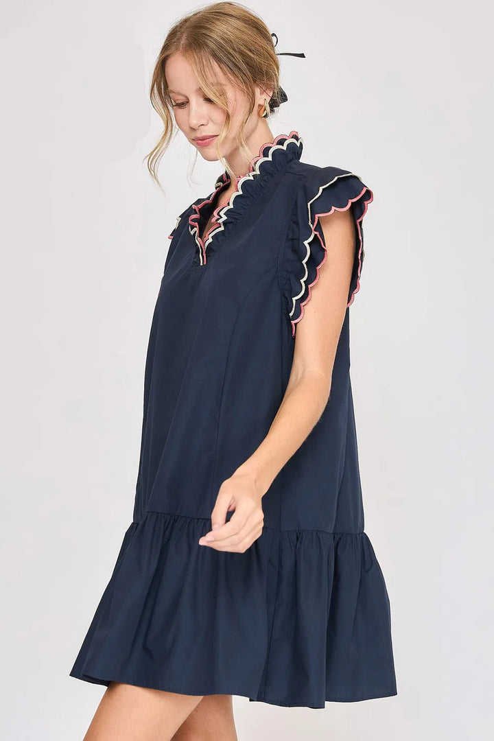 Dark Navy Umgee Full Size Ruffled Scalloped Sleeved Dress Plus Size