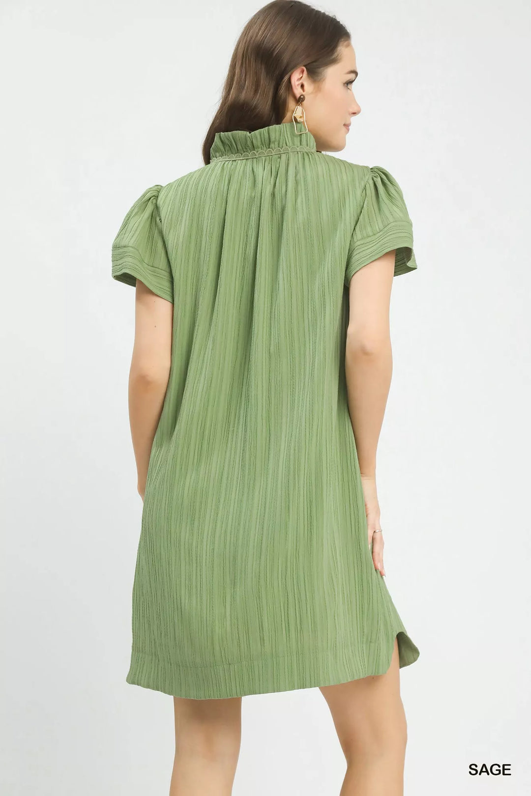 Sage Umgee Flutter Sleeve V Neck Shift Dress
