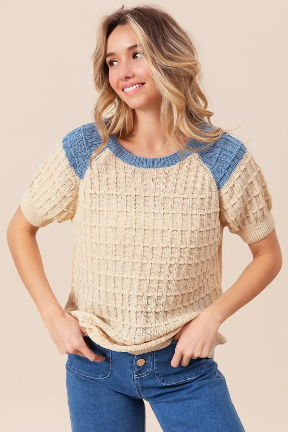 Oatmeal/Denim Bibi Textured Contrast Short Sleeve Sweater