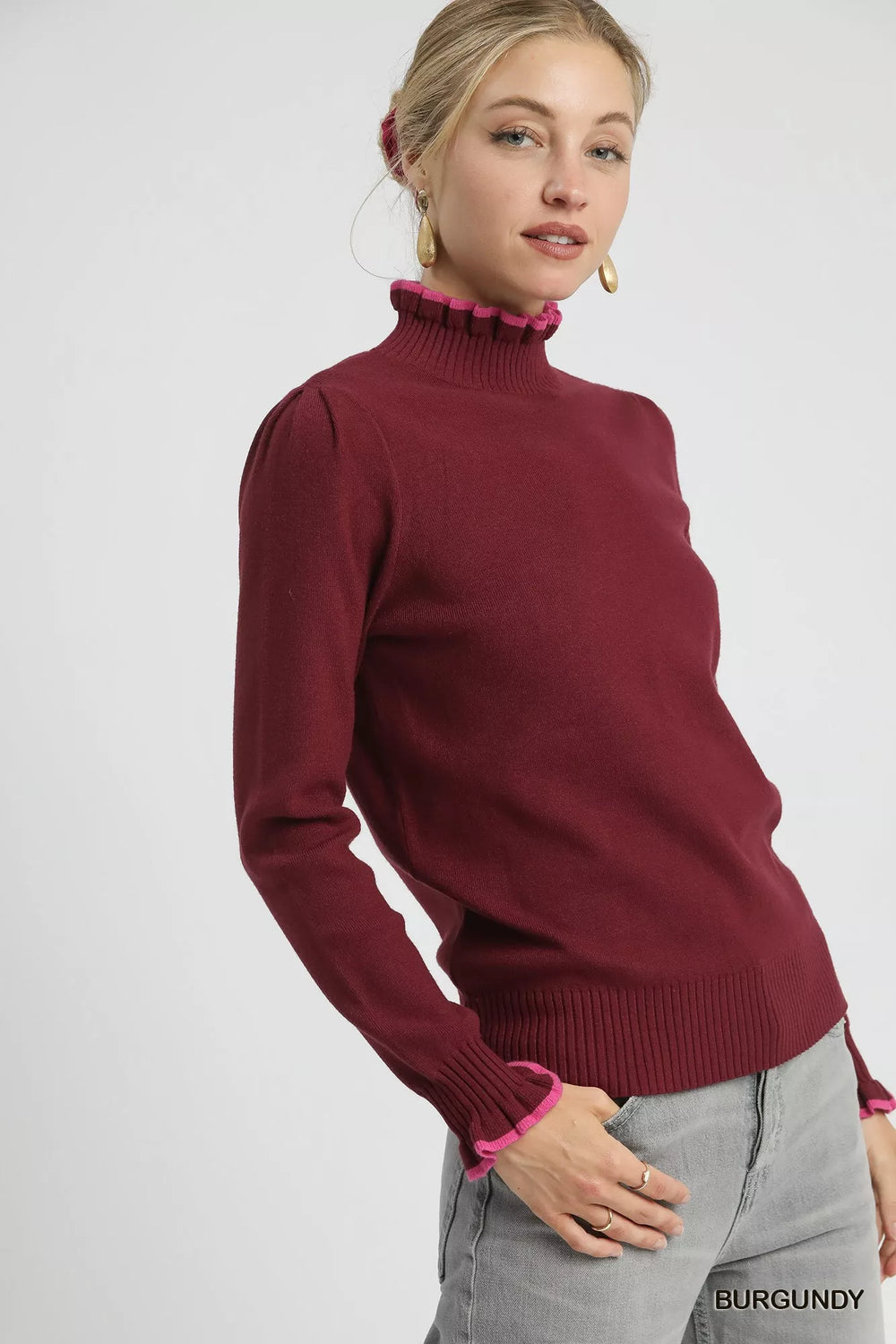 Burgundy Umgee Ribbed Round Neck Sweater With Ruffle Contrast Trim 1