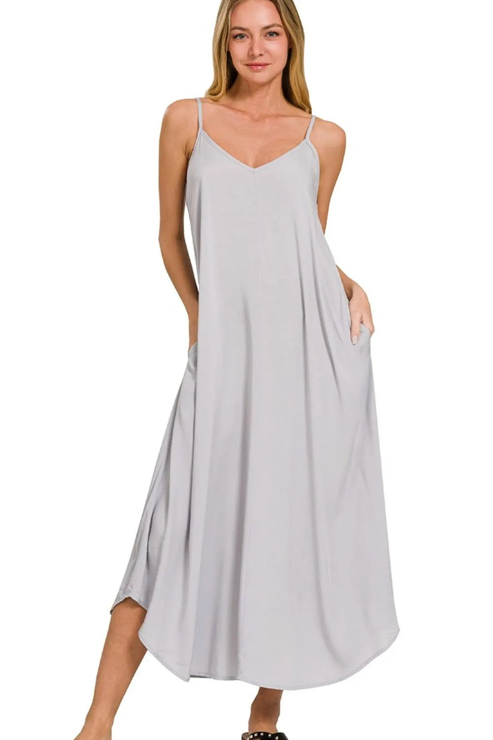 Lt Grey Zenana Woven Arc Hem Cami Dress With Flowy Pockets 6
