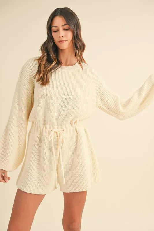 Cream Mable Round Neck Long Sleeve Sweater Romper 1