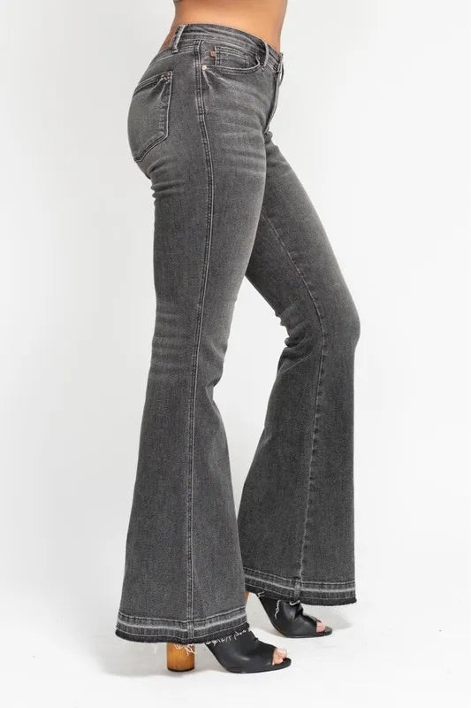Gry Judy Blue Full Size Mid Rise Tummy Control Washed Gray Release Hem Flare Jeans Plus Size