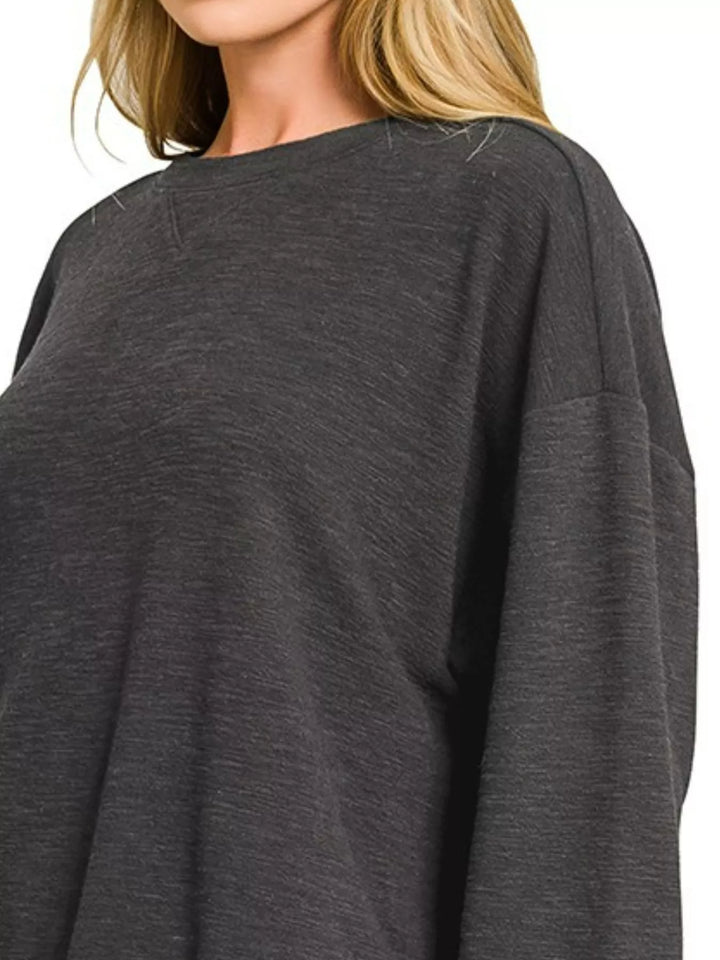 Black Zenana Slub Long Sleeve Top And Shorts Set