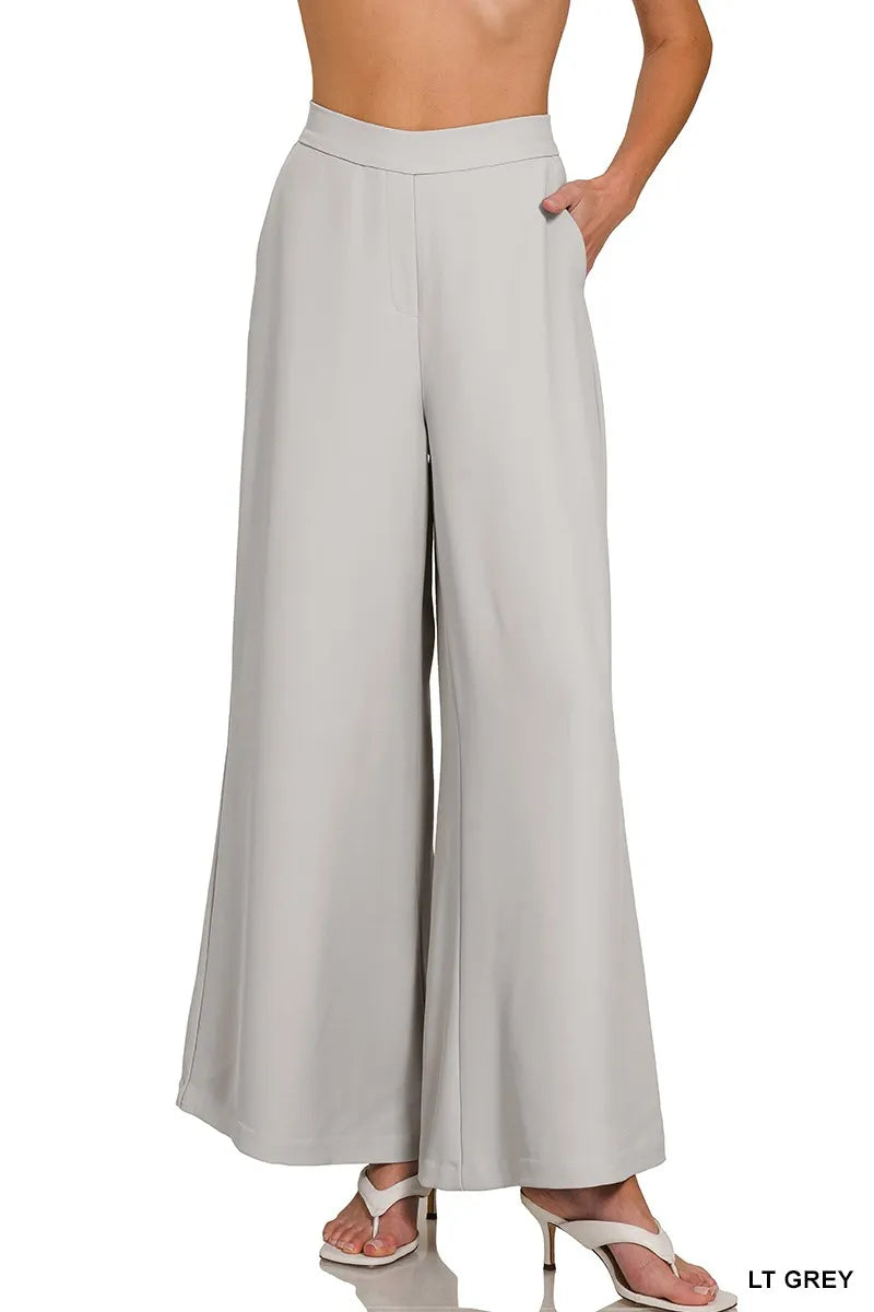 Lt Grey Zenana Relaxed Fit Elastic Waisted Wide Leg Pants
