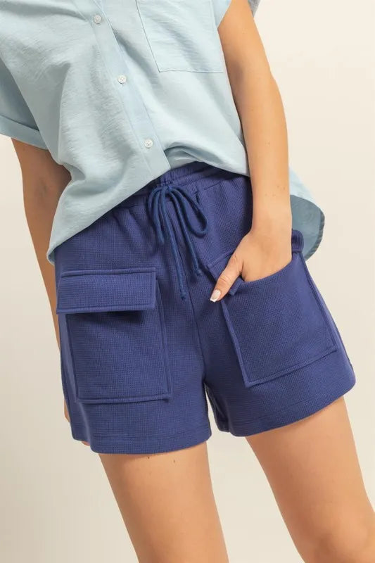 Dark Blue Hyfve Drawstring Waffle Knit Front Pocket Shorts