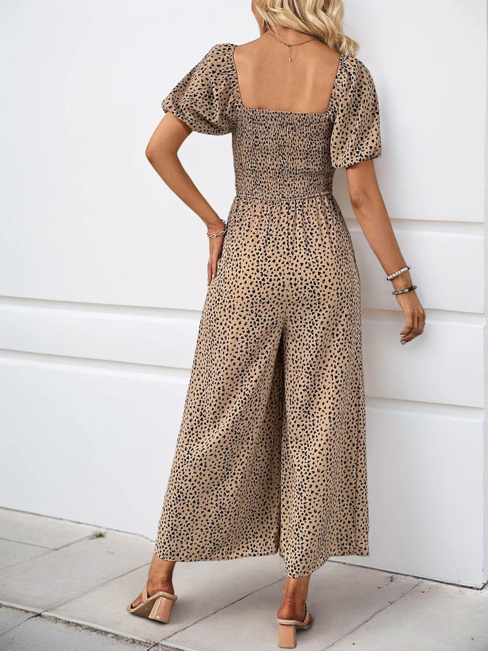Camel Printed Square Neck Puff Sleeve Jumpsuit