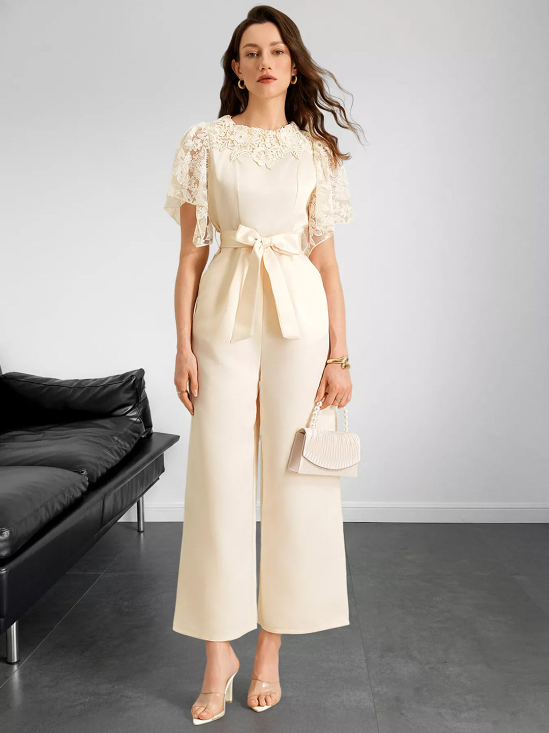 Apricot Lace Trim Belted Wide Leg Jumpsuit