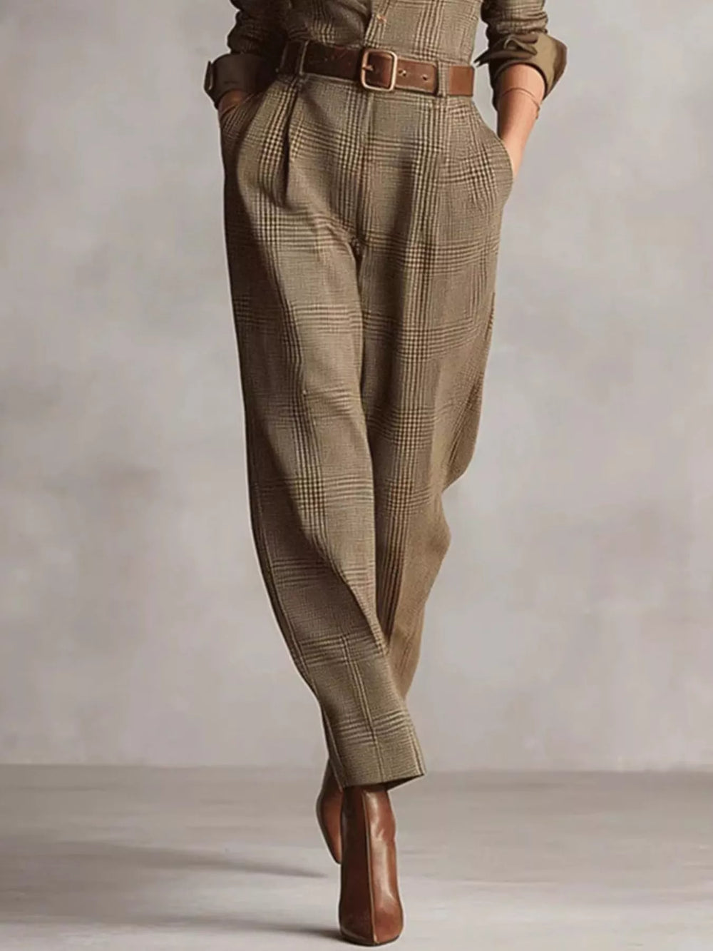 Grid Button Front Long Sleeve Jumpsuit
