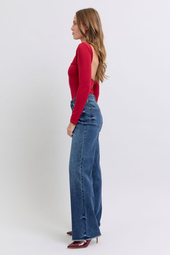 Dark Judy Blue Full Size Raw Hem Mid Rise Jeans