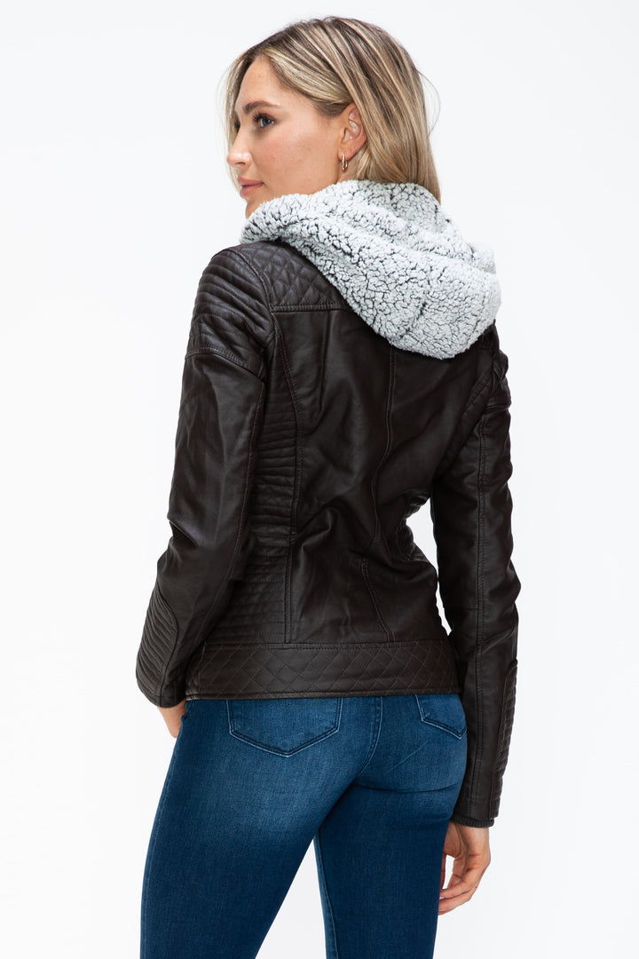 Chocolate Ymi Faux Layered Double Zipper Jacket With Fuzzy Hood