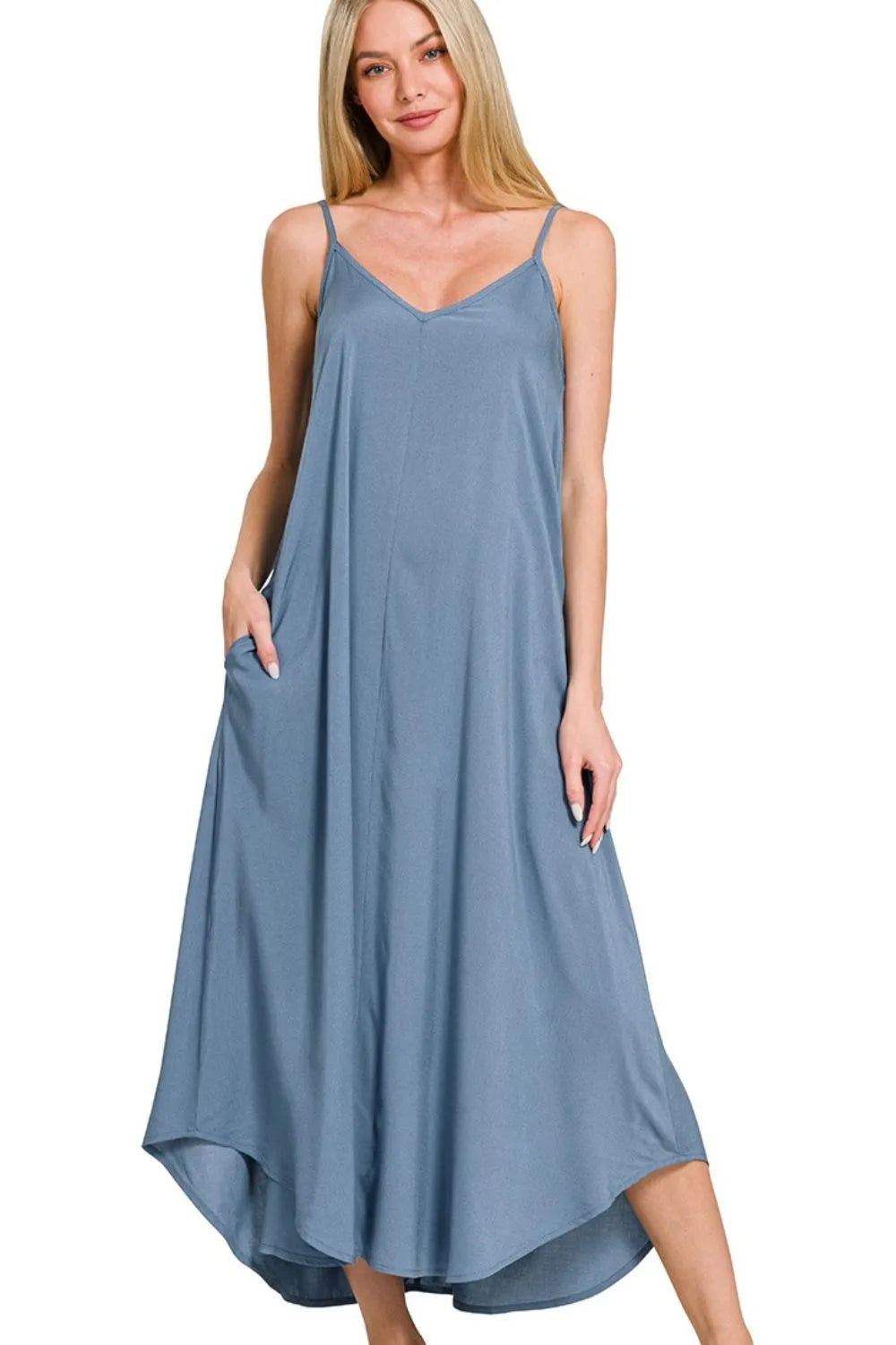 Dusty Blue Zenana Woven Arc Hem Cami Dress With Flowy Pockets 5