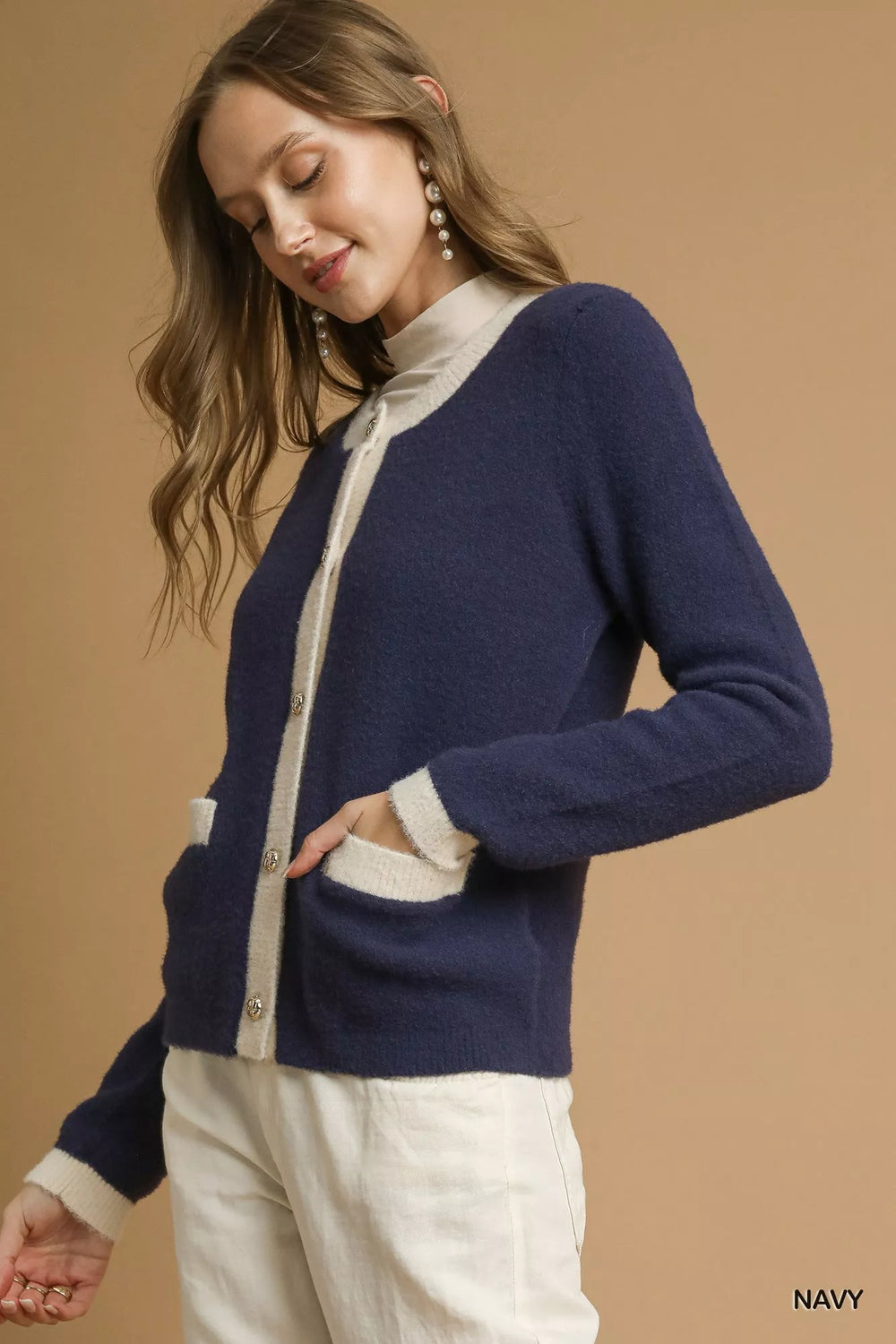 Navy Umgee Two Tone Button Front Cardigan