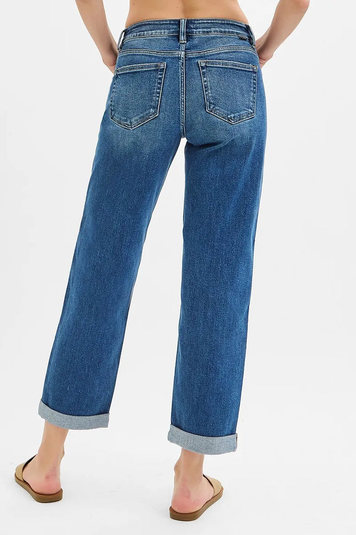 Dark Risen Full Size Mid Rise Boyfriend Roll Up Jeans Plus Size