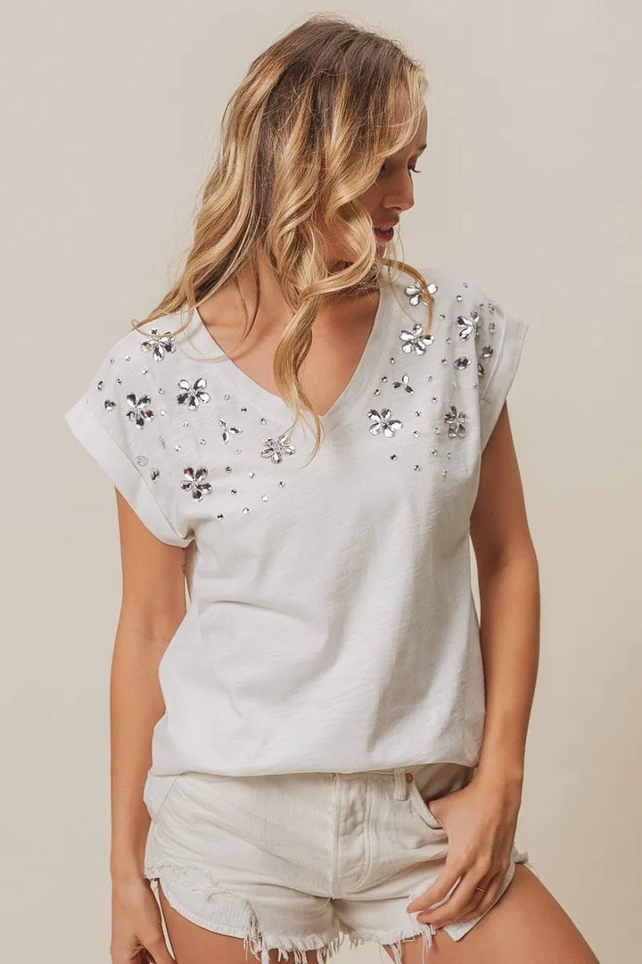 Bibi Slub Jersey Rhinestone V Neck Top
