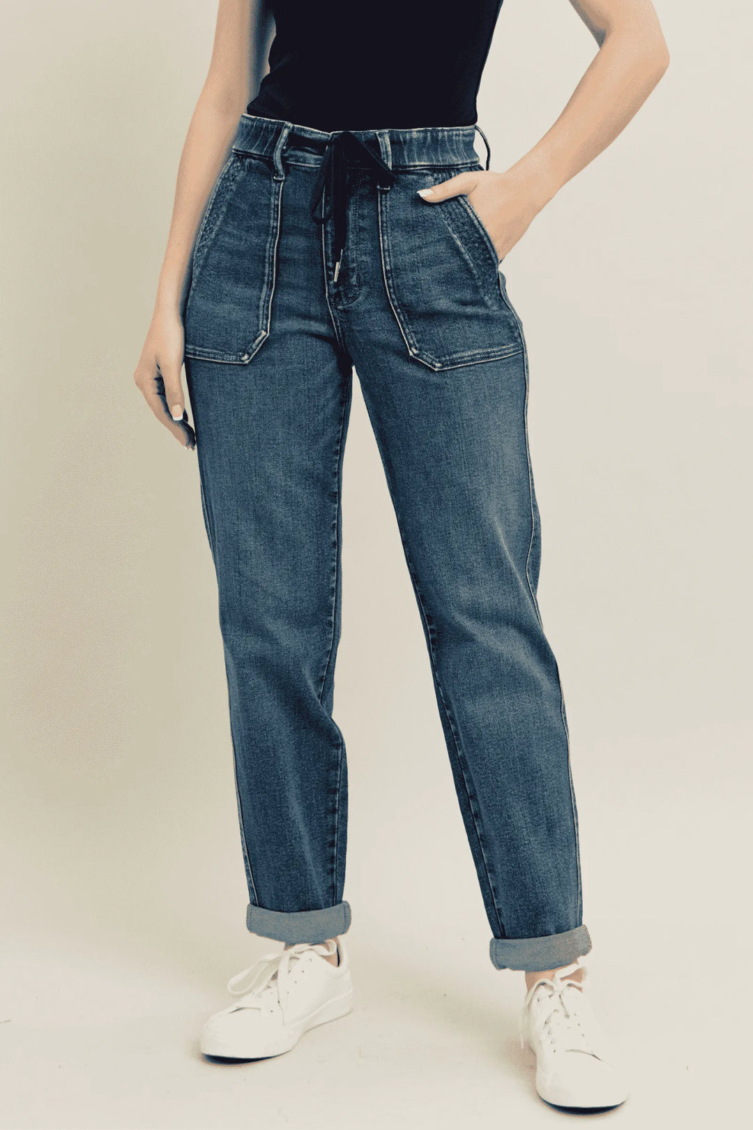 Dark Judy Blue Full Size Hw Vintage Wash Jeans W Drawstring Plus Size