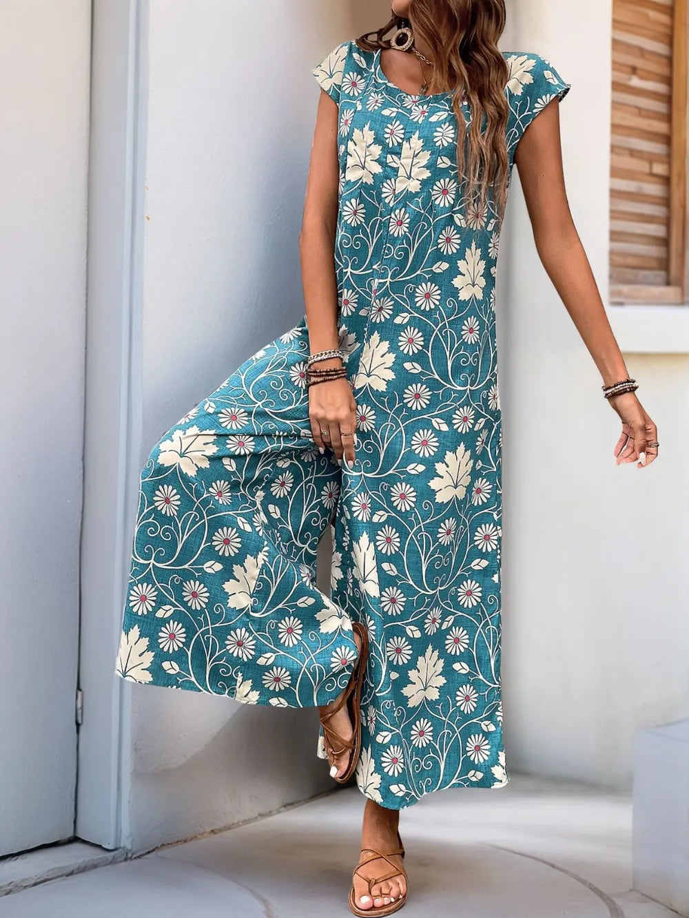 Turquoise Perfee Printed Round Neck Cap Sleeve Wide Leg Jumpsuit
