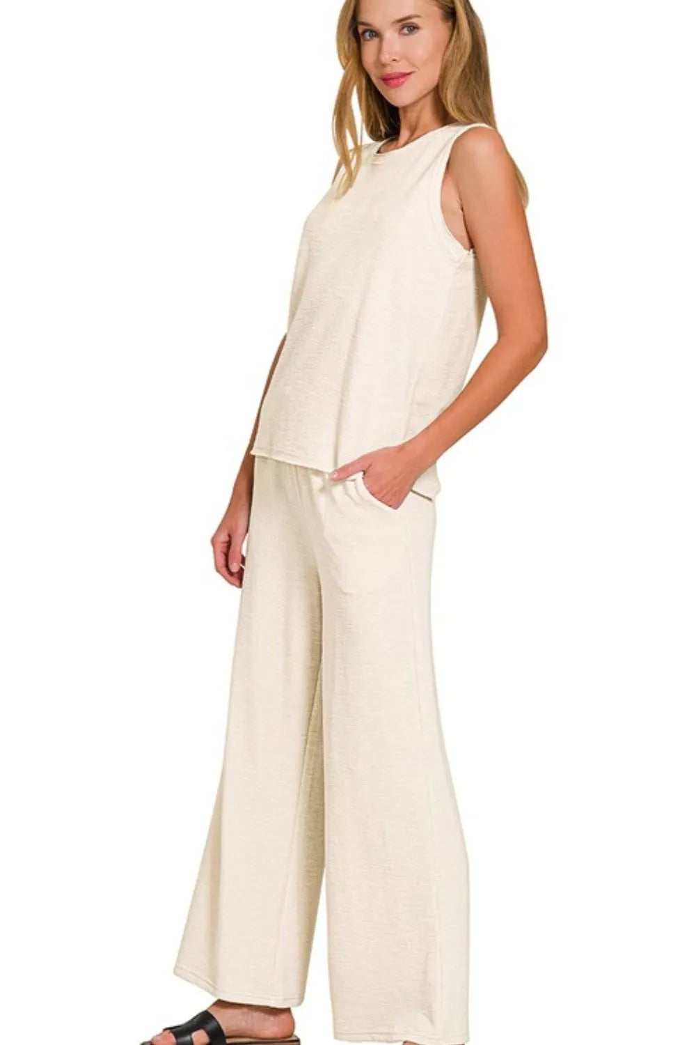 Sand Beige Zenana Cotton Slub Tank Pants Set 3