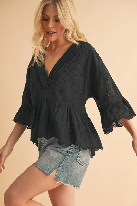 Black Aemi Co Flounce Sleeve Eyelet Peplum Top 1