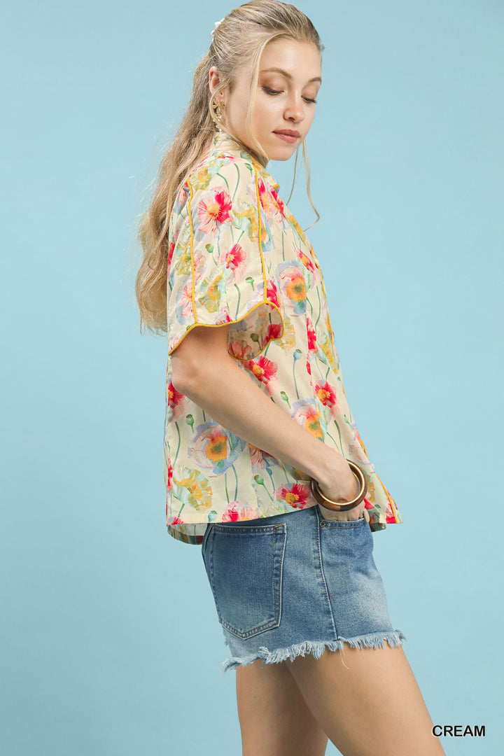 Cream Umgee Floral Print Button Down Blouse With Flutter Sleeves 1