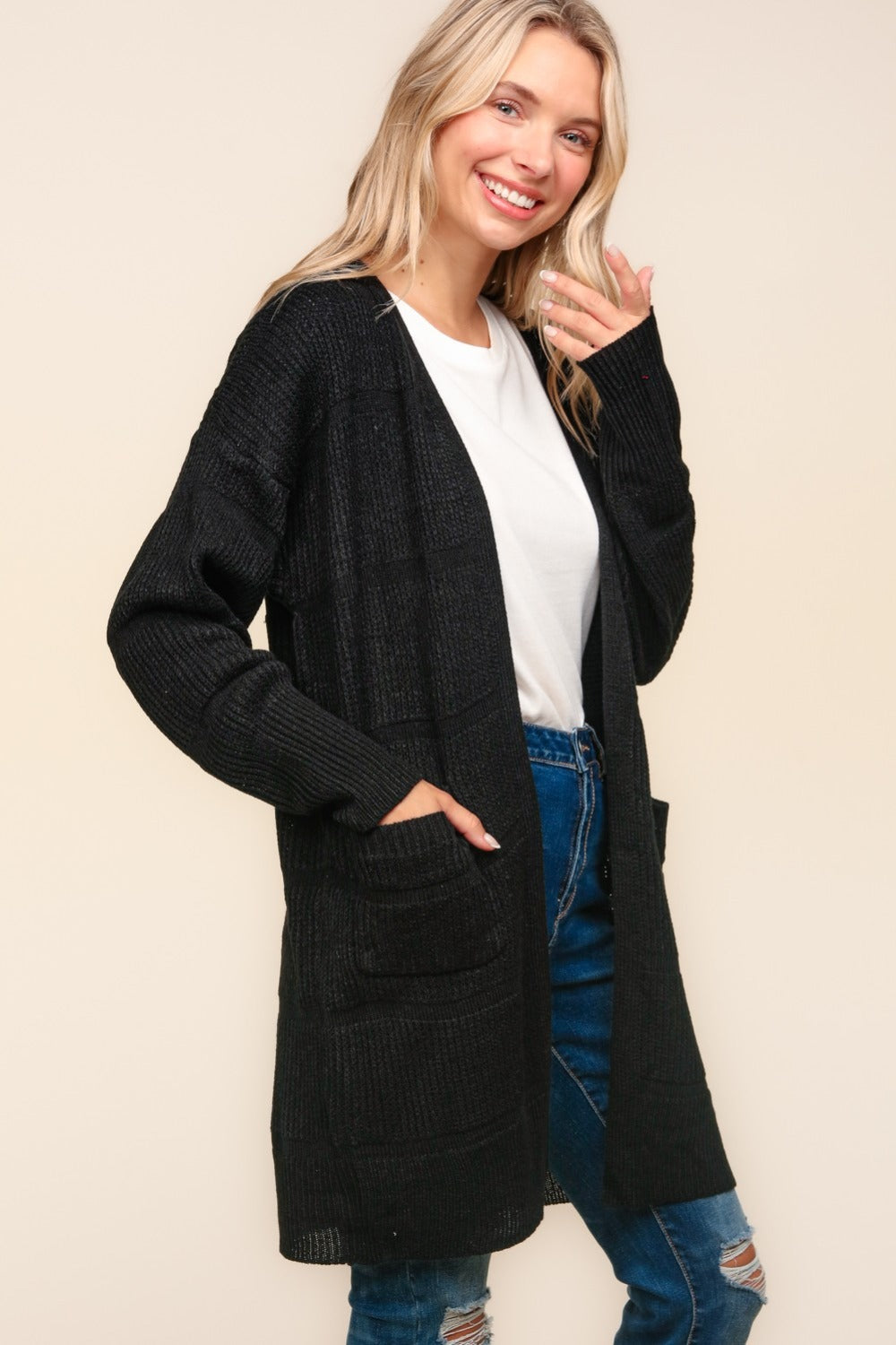 Black Haptics Stripe Textured Open Front Cardigan With Pockets