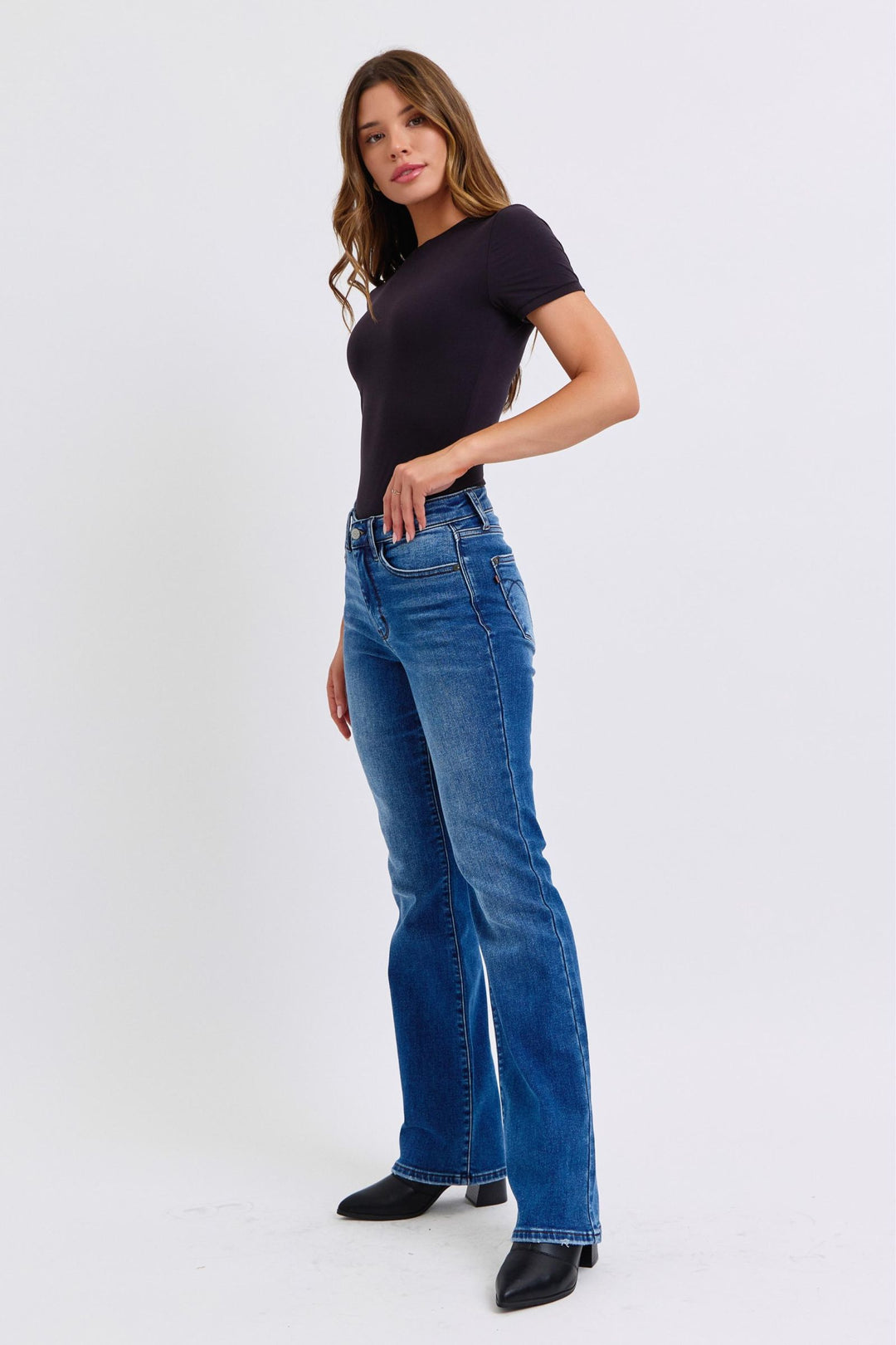Dark Judy Blue Full Size Run Mid Rise Bootcut Jeans With Thermal Lining